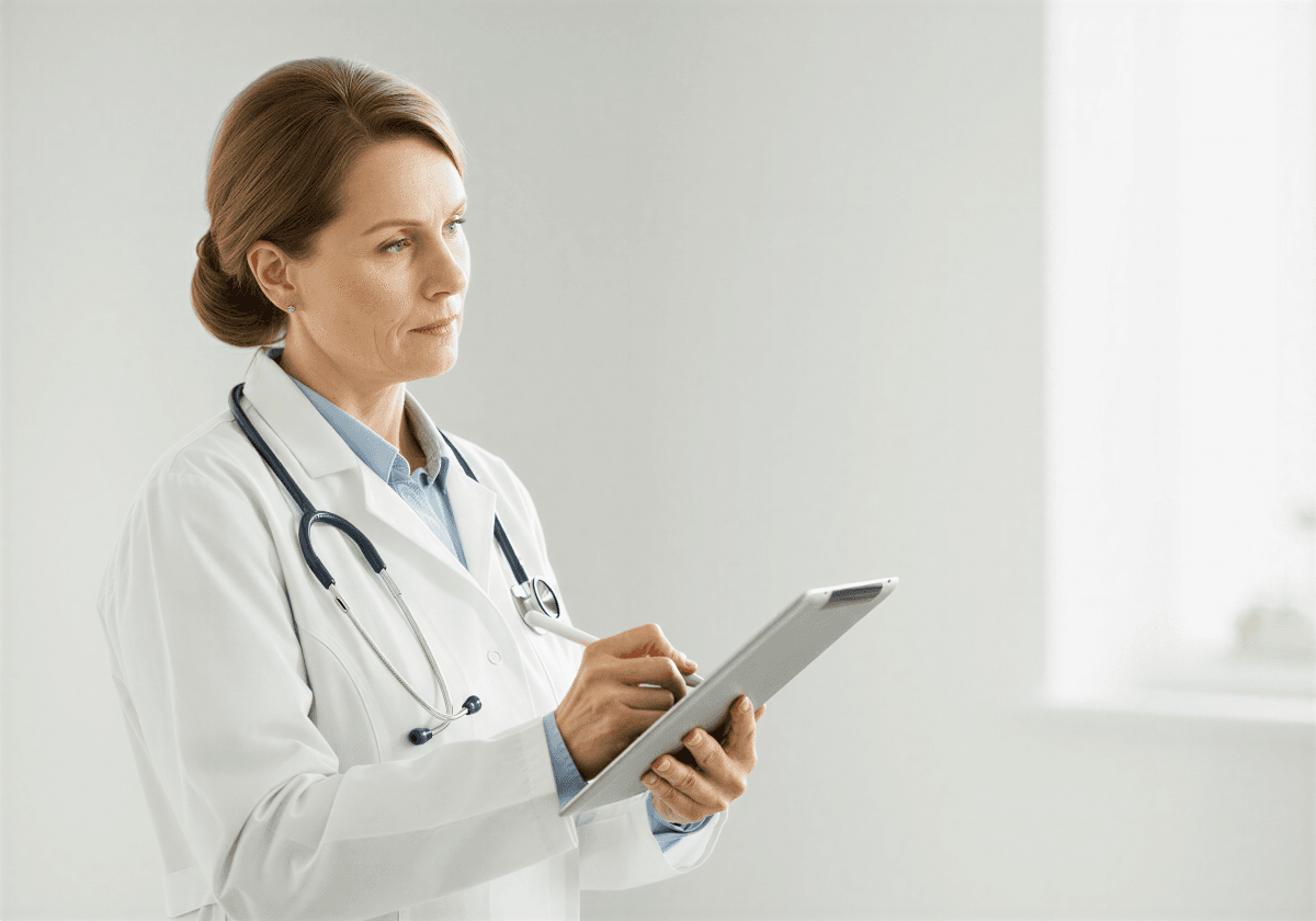 Clinician reviewing a patient chart on a tablet during a visit