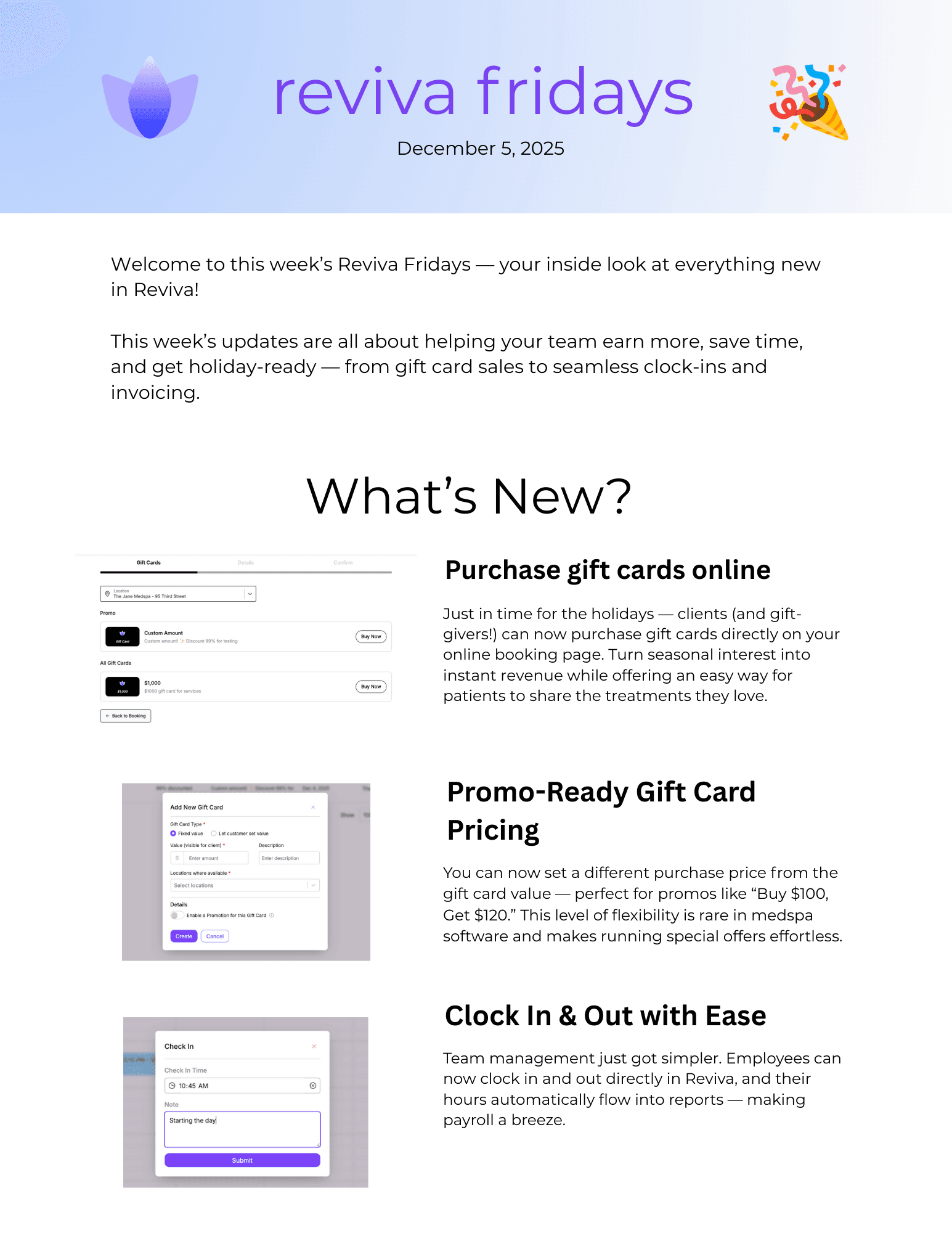 Example Reviva Friday newsletter showing feature updates, gift card sales, and new functionality