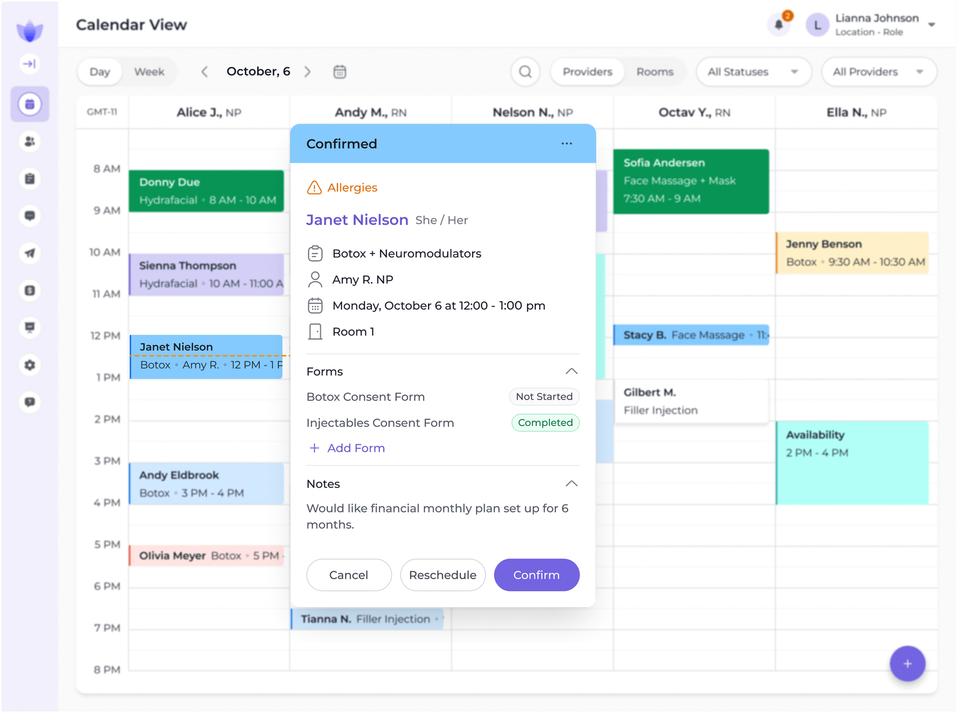 Reviva main dashboard view with scheduling and client information