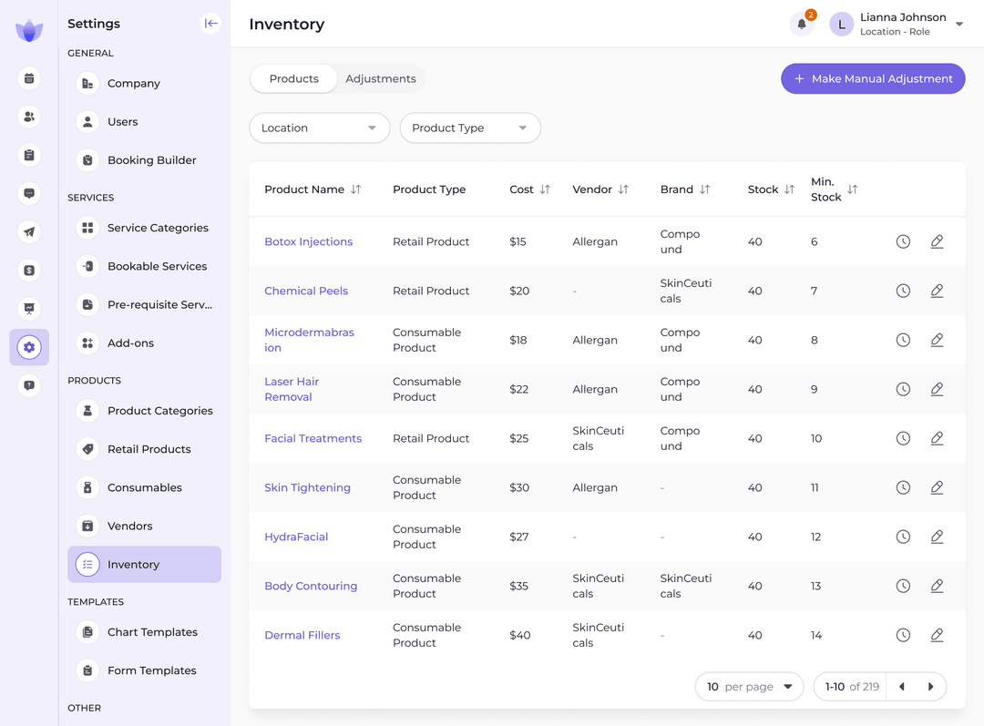 Inventory management page with product list and adjustments