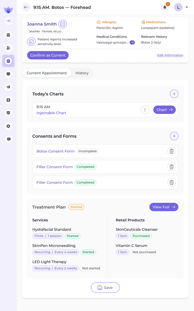 Patient chart with consents, forms, and treatment plan